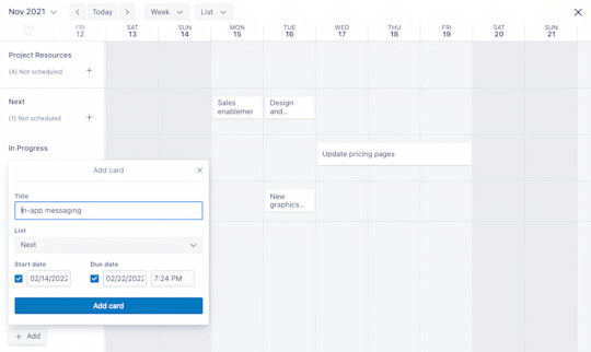 An image showing how to add a card on the Timeline view of a Trello board