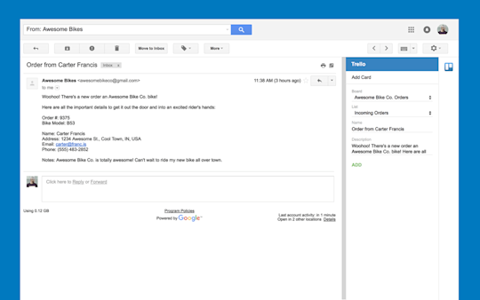 An image showing the Trello add-on for Gmail